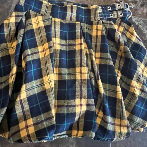 PRETTY GARBAGE Cincher Belted Plaid Pleated Mini Skirt Yellow Size Small GOTHIC - Picture 9 of 10
